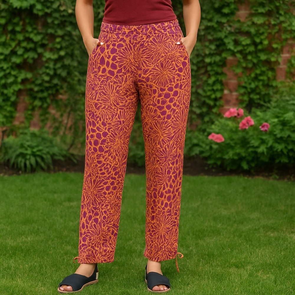 Sundance Orange Purple Floral Abstract Print Pull on Pants Coastal Lagenlook M